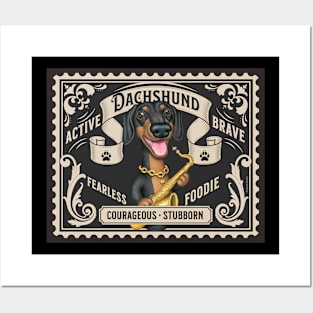 Funny Dachshund playing sax on classic stamp design Posters and Art